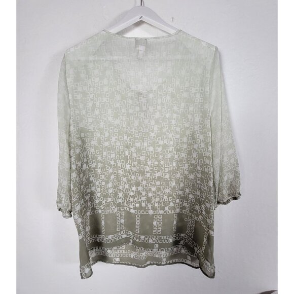 Chico's Women Sheer Sage Green Geometric Tunic Blouse Size 3 Tie-Neck 3/4 Sleeve - Picture 2 of 6